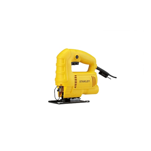 STANLEY SJ45 yellow corded jigsaw, side view, black base plate, white background.
