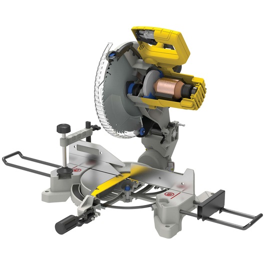 STANLEY SM16 miter saw side view with exposed motor and blade, silver and yellow body, on white background.