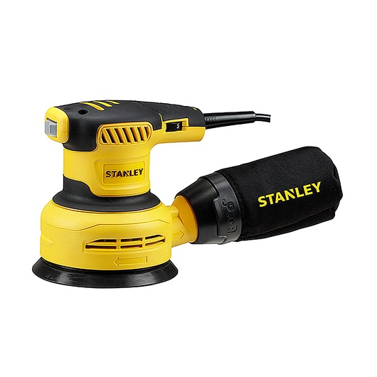 STANLEY SS30-B2C yellow and black orbital sander side view with dust bag on white background.