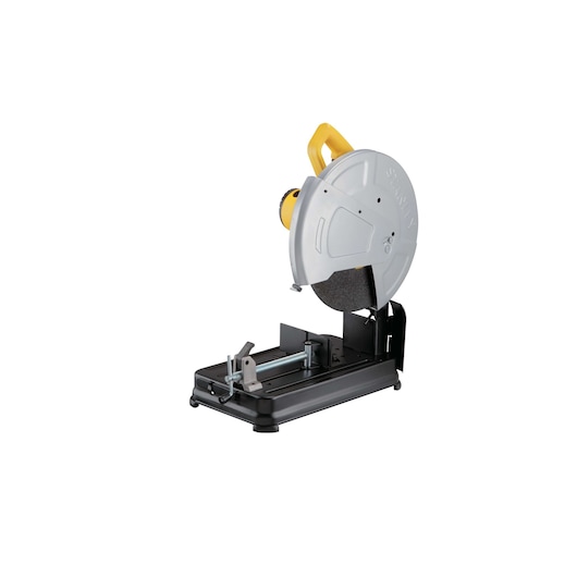 Photo of STANLEY SSC22 cut-off saw, side angle, with yellow handle, gray blade guard, and black base.