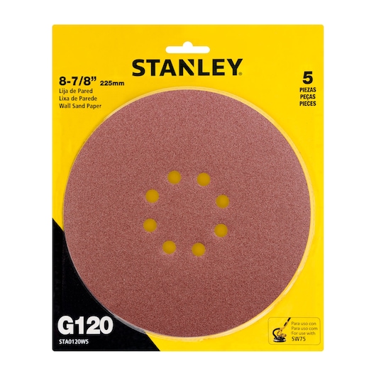 Photo of STANLEY STA0120WS wall sand paper 225mm, G120 grit, round pad with holes, yellow packaging, front angle.