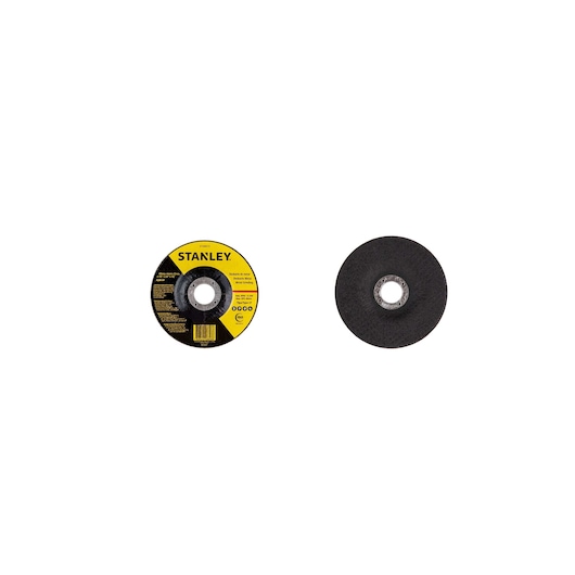 STANLEY STA0413 cutting disc, black with yellow label, shown front and back on white background, photography.