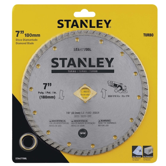 STANLEY STA47700L diamond blade, 7-inch, turbo type, seen in front packaging photo.