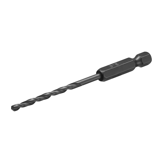 STANLEY STA50018B black hex shank drill bit, side view on white background, photography of power tool accessory.