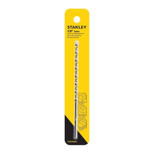 Photo of STANLEY STA53040C masonry drill bit in yellow packaging, front view, 1/8 inch size.