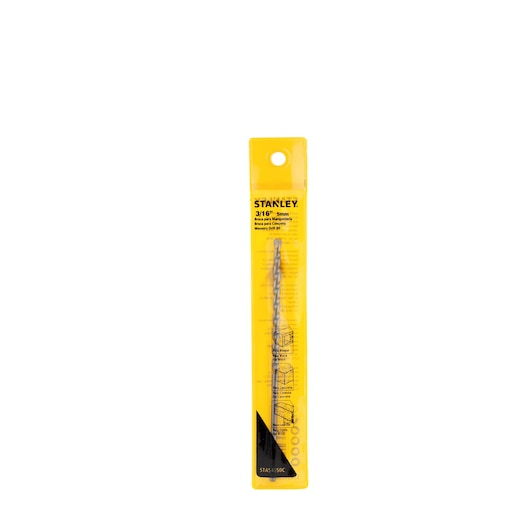 Photo of STANLEY STA54050C masonry drill bit in yellow packaging, front angle, drill bit visible in clear case.