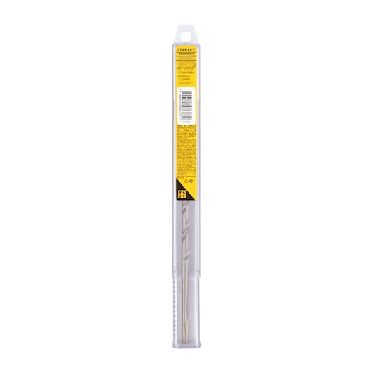 STANLEY STA56065C masonry drill bit in clear packaging, front view, yellow label with black text and barcode.