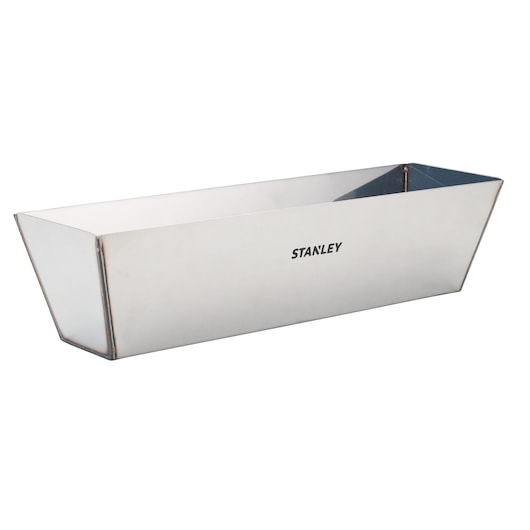 STANLEY STHT05867LA metal mud pan, rectangular, silver, side angle on white background.
