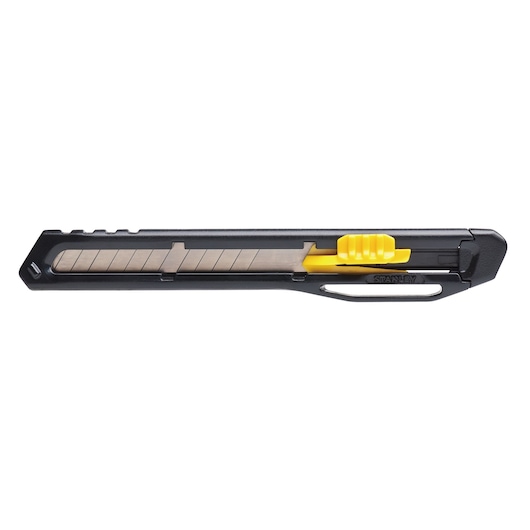 Stanley STHT10322-840 utility knife with black body, segmented blade and yellow slider, side angle photo.