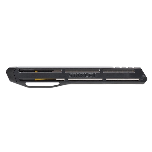 Photo of STANLEY STHT10322 utility knife, black and silver, side view on white background.