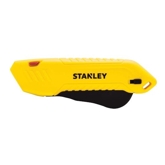 Stanley yellow safety utility knife side view, black blade cover, red button, on white background.