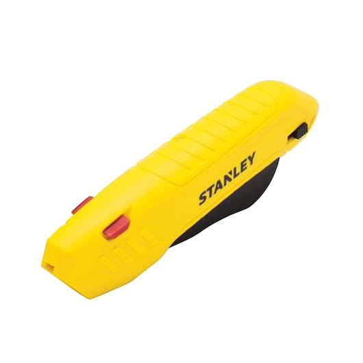 Stanley yellow utility knife with safety lock, angled side view on white background