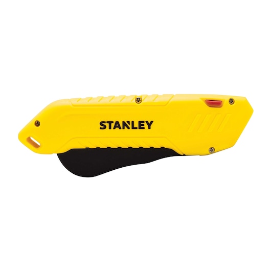 Stanley safety utility knife side view, yellow body with black blade guard and red button, white background