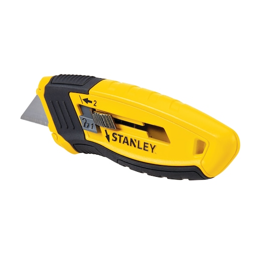 STANLEY yellow and black utility knife side view, retractable blade, textured grip, white background