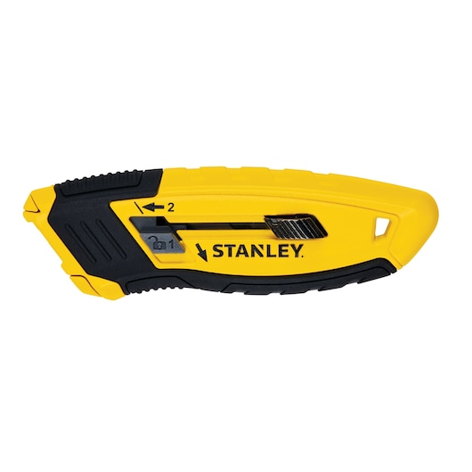 Stanley utility knife side view, yellow and black body, retractable blade, white background.
