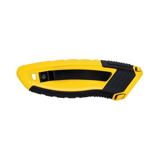 Stanley utility knife, yellow and black, side angle on white background, ergonomic grip design