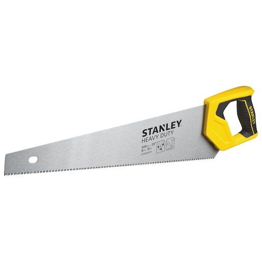Stanley STHT20375-LA hand saw with yellow and black handle, heavy duty blade, front view on white background.