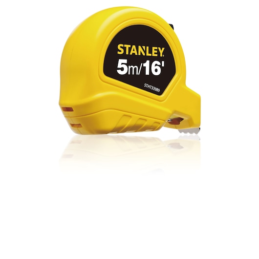 STANLEY STHT33989-840 tape measure, yellow casing, 5m/16ft, product photography side angle on white background.