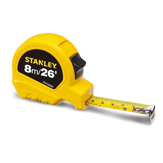 STANLEY STHT33994-840 yellow tape measure, 8m/26ft, side angle, black label, extended blade.