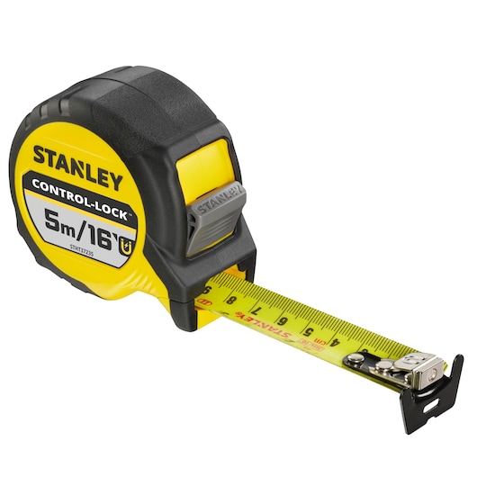 STANLEY STHT37235-5 tape measure, 5m/16ft, CONTROL-LOCK, yellow and black, angled product photo on white background.