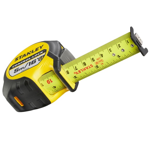 STANLEY STHT37235-5 yellow and black 5m/16ft tape measure, angled view, extended blade showing measurements.