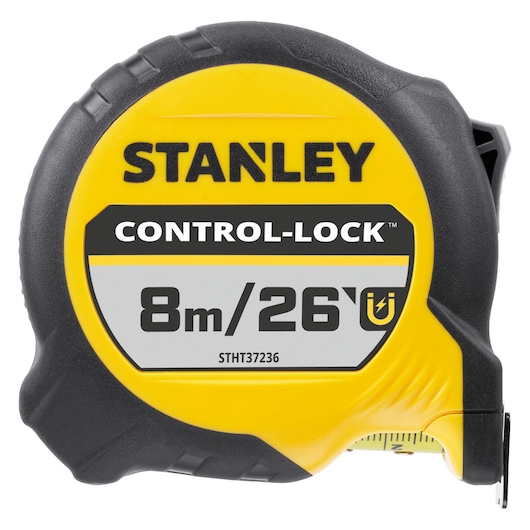 STANLEY STHT37236-5 tape measure, yellow and black, CONTROL-LOCK, 8m/26ft, front angle photo.
