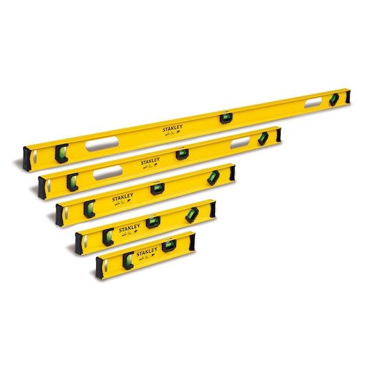Photo of STANLEY STHT42072 spirit level set, five yellow box levels with black ends, angled on white background.