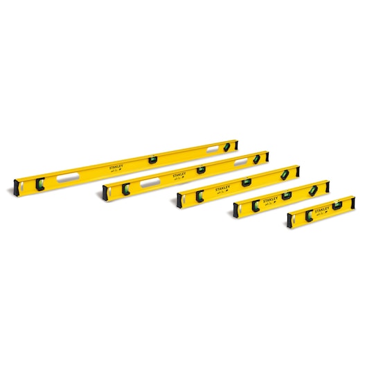 STANLEY STHT42072 photography of five yellow spirit levels with black end caps, front angle on white background.