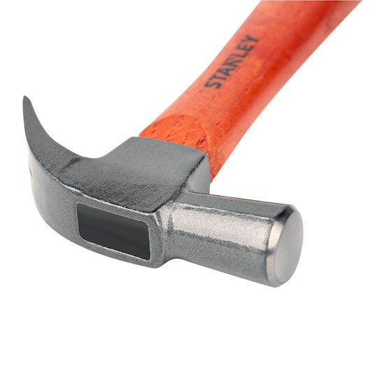 STANLEY STHT51371-840 claw hammer with polished steel head and orange wooden handle, front angle on white background.