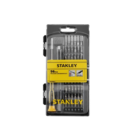 STANLEY STHT60090-LA 56-piece precision screwdriver set in clear plastic case, front angle on white background.