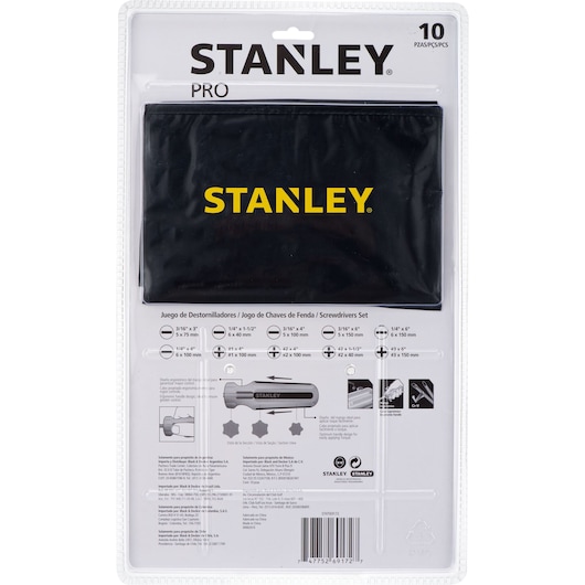 Photo of STANLEY STHT69172 screwdriver set in black pouch, retail packaging, rear angle with product details.