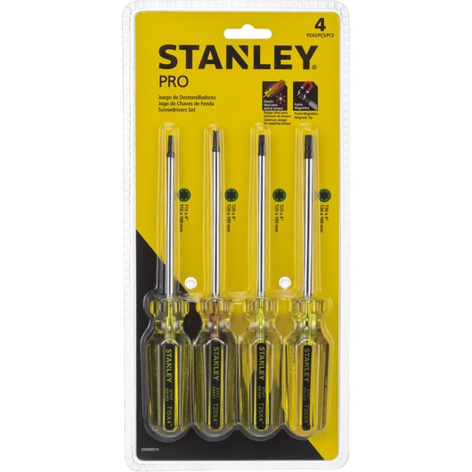 Photo of STANLEY STHT69173 screwdriver set, 4 pieces in retail packaging, yellow and black handles, front view.