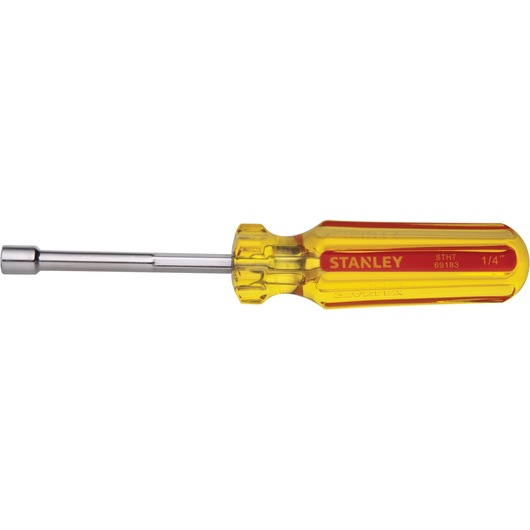 STANLEY STHT69183 1/4 inch nut driver with yellow and red handle, side angle, on white background.