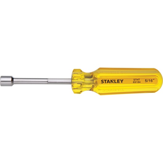 Stanley STHT69184 5/16 inch nut driver with transparent yellow handle, side angle, on white background.