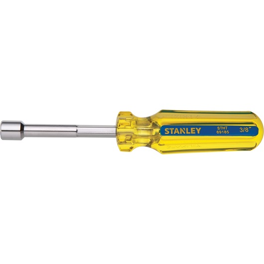 Stanley STHT69185 nut driver with yellow handle and chrome shaft, side view on white background.