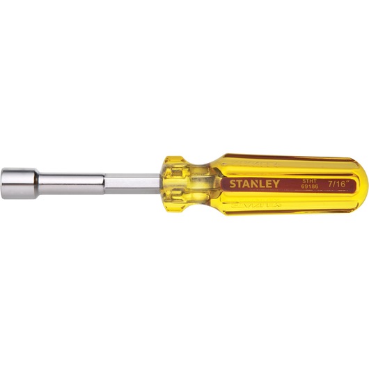 Stanley STHT69186 nut driver with yellow transparent handle, side angle on white background.