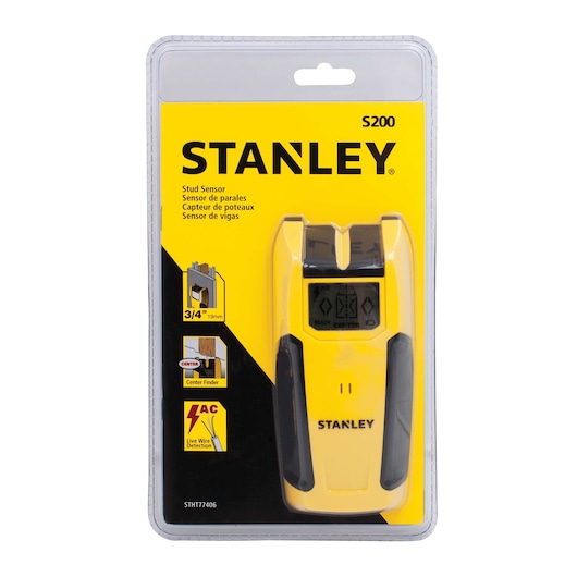 STANLEY STHT77406 stud sensor S200 in yellow and black, packaged on a yellow card, front view.