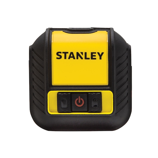 Stanley yellow and black stud finder front angle, showing power button and indicator lights.
