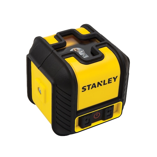 Stanley yellow and black laser level, angled front view, compact design, control buttons visible