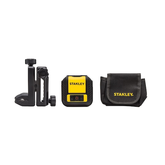 Front angle Stanley laser level set with mounting bracket, yellow and black device, and soft carrying case on white background.