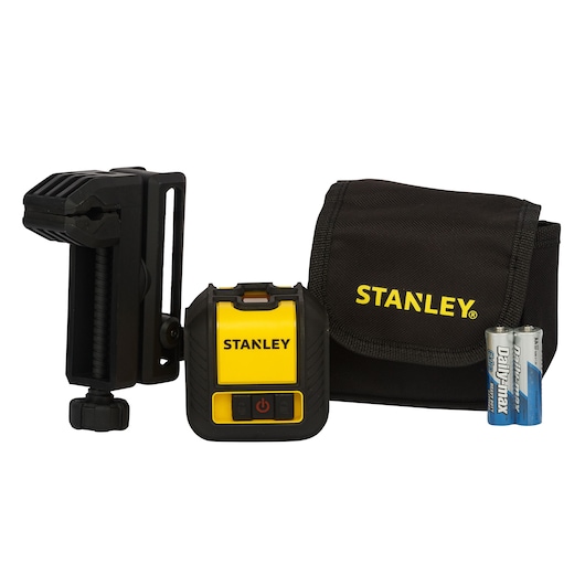 Stanley STHT77498 laser level kit with clamp, carrying pouch, and batteries, front angle on white background.