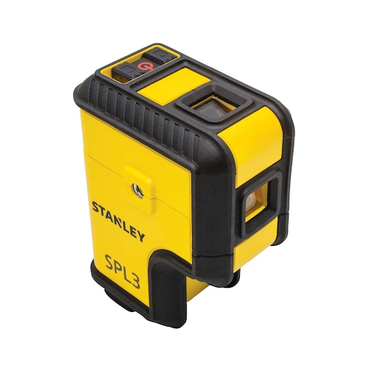 Stanley SPL3 yellow and black self-leveling cross line laser, three-quarter view on white background