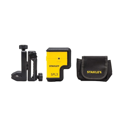 Front angle of STANLEY SPL3 laser level set with bracket and black carrying pouch on white background