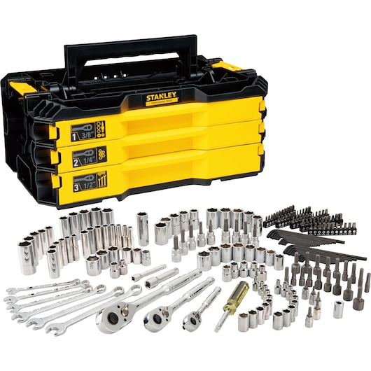 STANLEY STMT17993-LA mechanic tool set with yellow and black stackable case, sockets, wrenches, ratchets, bits, and hex keys, front angle.