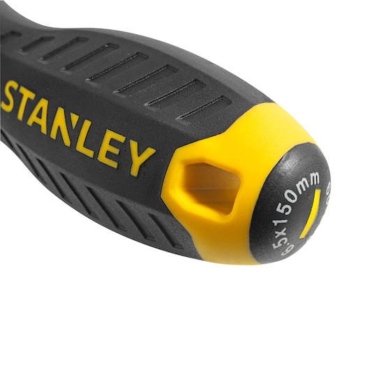 STANLEY STMT60060-LA screwdriver handle, black and yellow, close-up on white background.