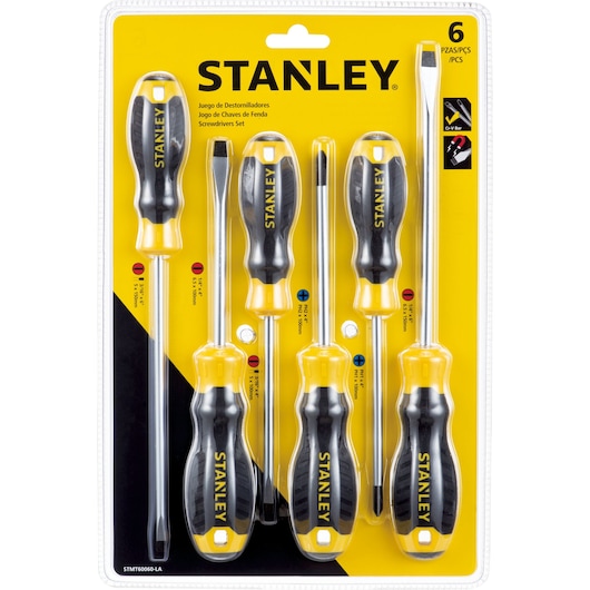 Stanley STMT60060-LA screwdriver set, 6-piece with black and yellow handles, front packaging view.