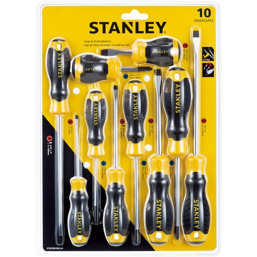 STANLEY STMT60100-LA screwdriver set, 10-piece, black and yellow handles, flat lay packaging, hand tools.