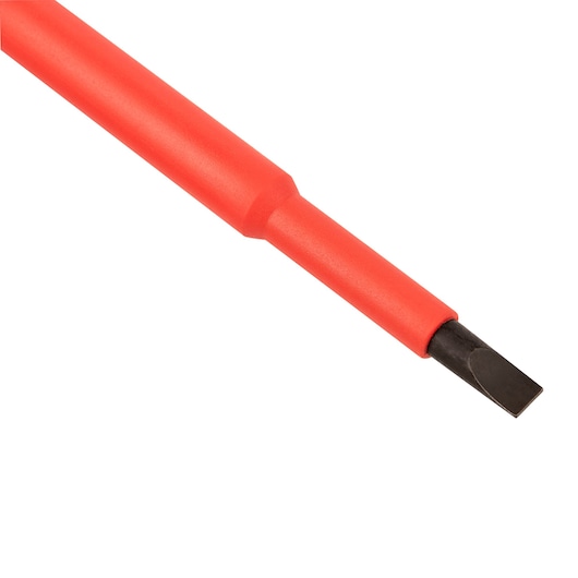 STANLEY STMT60166-LA insulated flathead screwdriver with red handle, close-up on white background.