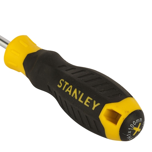 STANLEY STMT60805-840B screwdriver with black and yellow ergonomic handle, close-up view, white background.