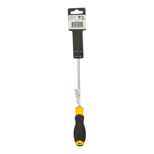 STANLEY STMT60812-8 long flathead screwdriver with black and yellow handle, frontal view, on white background.